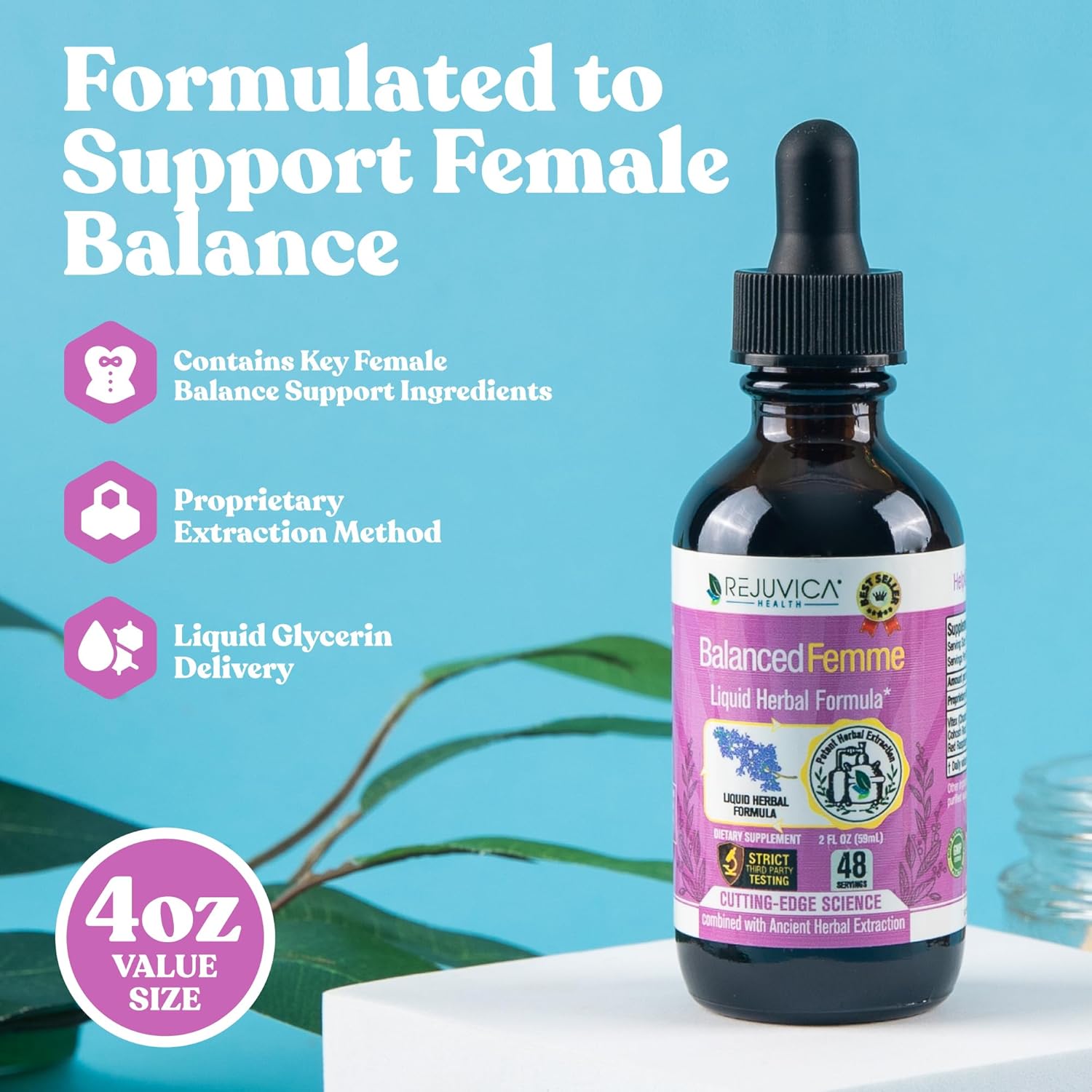 Liquid Female Balance Support Supplement with Vitex, Dong Quai, Black Cohosh, Maca Wild Yam - Enhanced Absorption for Women's Health by Rejuvica Health