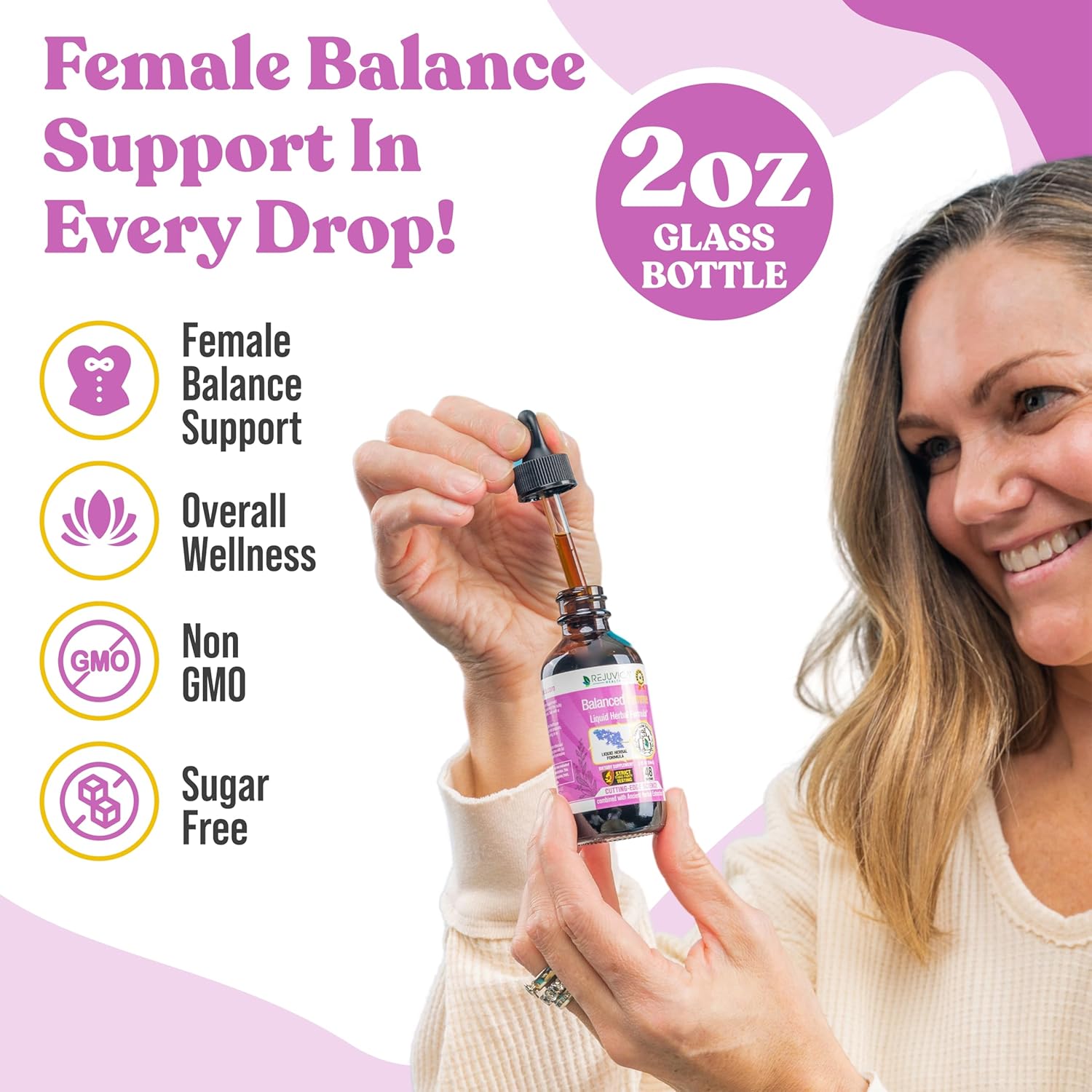 Liquid Female Balance Support Supplement with Vitex, Dong Quai, Black Cohosh, Maca Wild Yam - Enhanced Absorption for Women's Health by Rejuvica Health