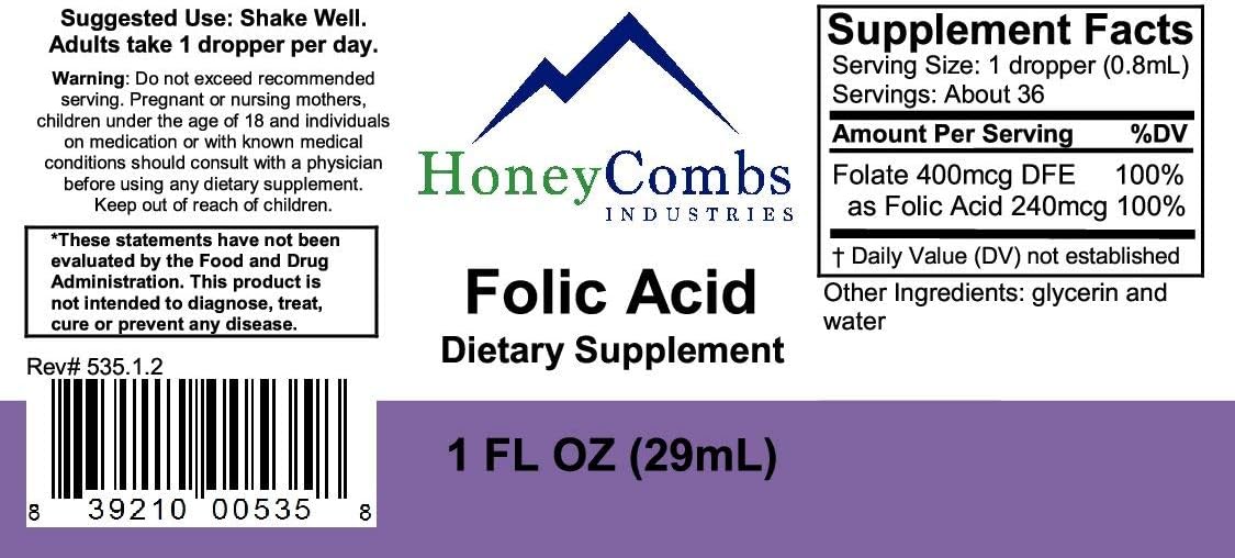 Liquid Folate Drops with Folic Acid for Pregnancy Support - Alcohol-Free Gluten-Free Vitamin B9 Supplement - 1 Fl Oz