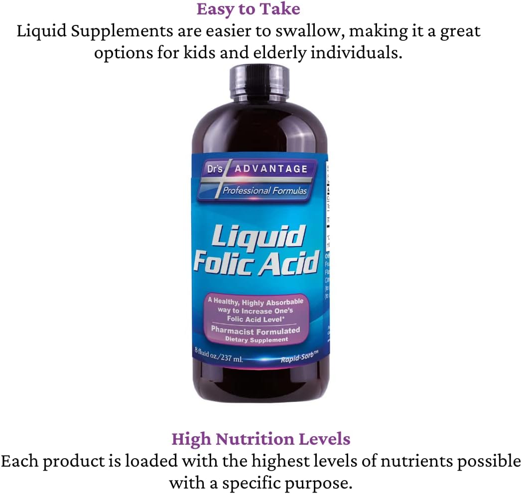 Liquid Folic Acid 800 MCG - Dr's Advantage 8 oz. Supplement for Health and Beauty