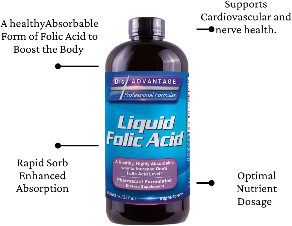 Liquid Folic Acid 800 MCG - Dr's Advantage 8 oz. Supplement for Health and Beauty