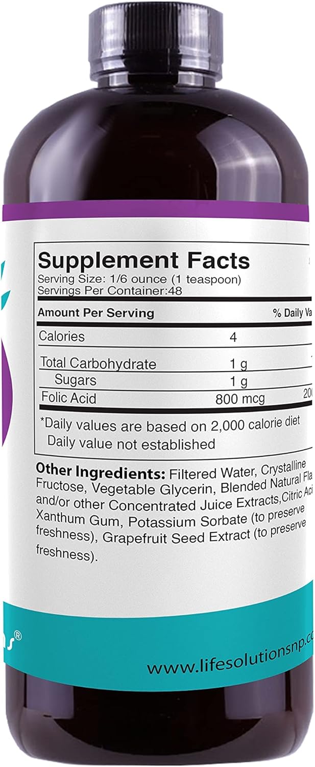 Liquid Folic Acid Dietary Supplement - 800 mcg Per Serving for Easy Absorption and Maximum Effectiveness - 8 fl oz Life Solutions