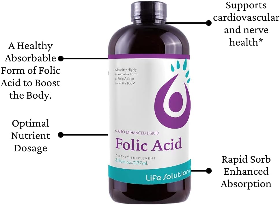Liquid Folic Acid Dietary Supplement - 800 mcg Per Serving for Easy Absorption and Maximum Effectiveness - 8 fl oz Life Solutions