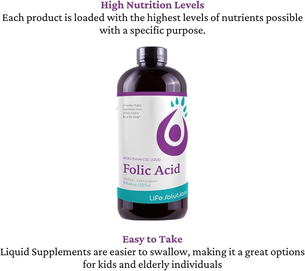 Liquid Folic Acid Dietary Supplement - 800 mcg Per Serving for Easy Absorption and Maximum Effectiveness - 8 fl oz Life Solutions