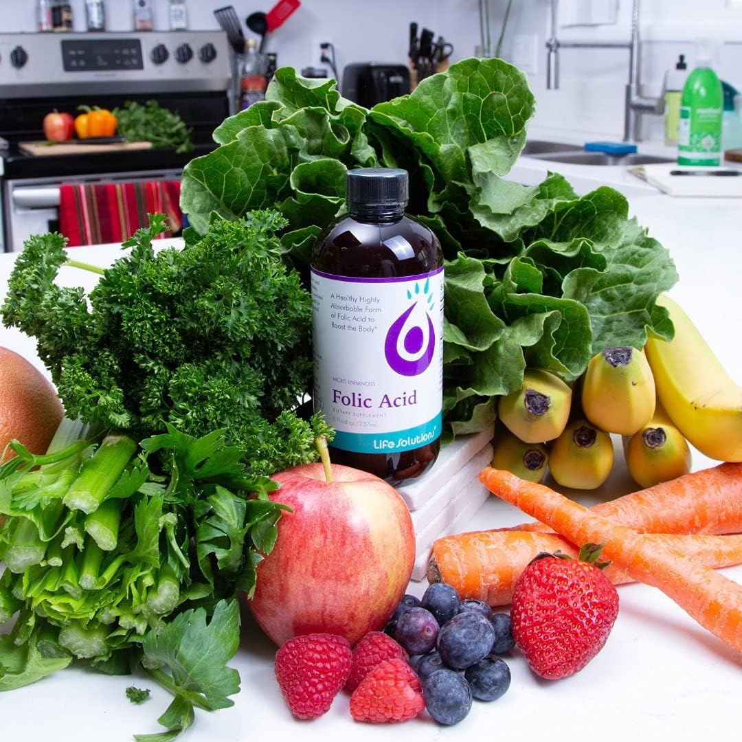 Liquid Folic Acid Dietary Supplement - 800 mcg Per Serving for Easy Absorption and Maximum Effectiveness - 8 fl oz Life Solutions