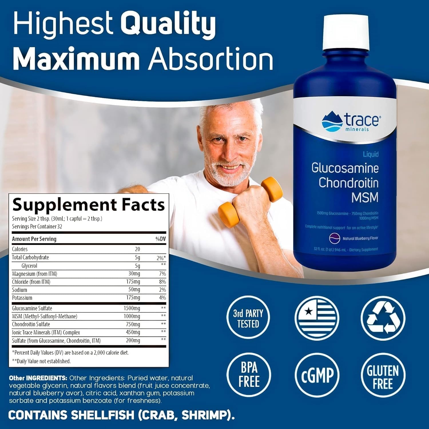 Liquid Glucosamine Chondroitin MSM Supplement with Trace Minerals for Bone & Joint Health - Mobility Support - Blueberry Flavor - 32 fl oz