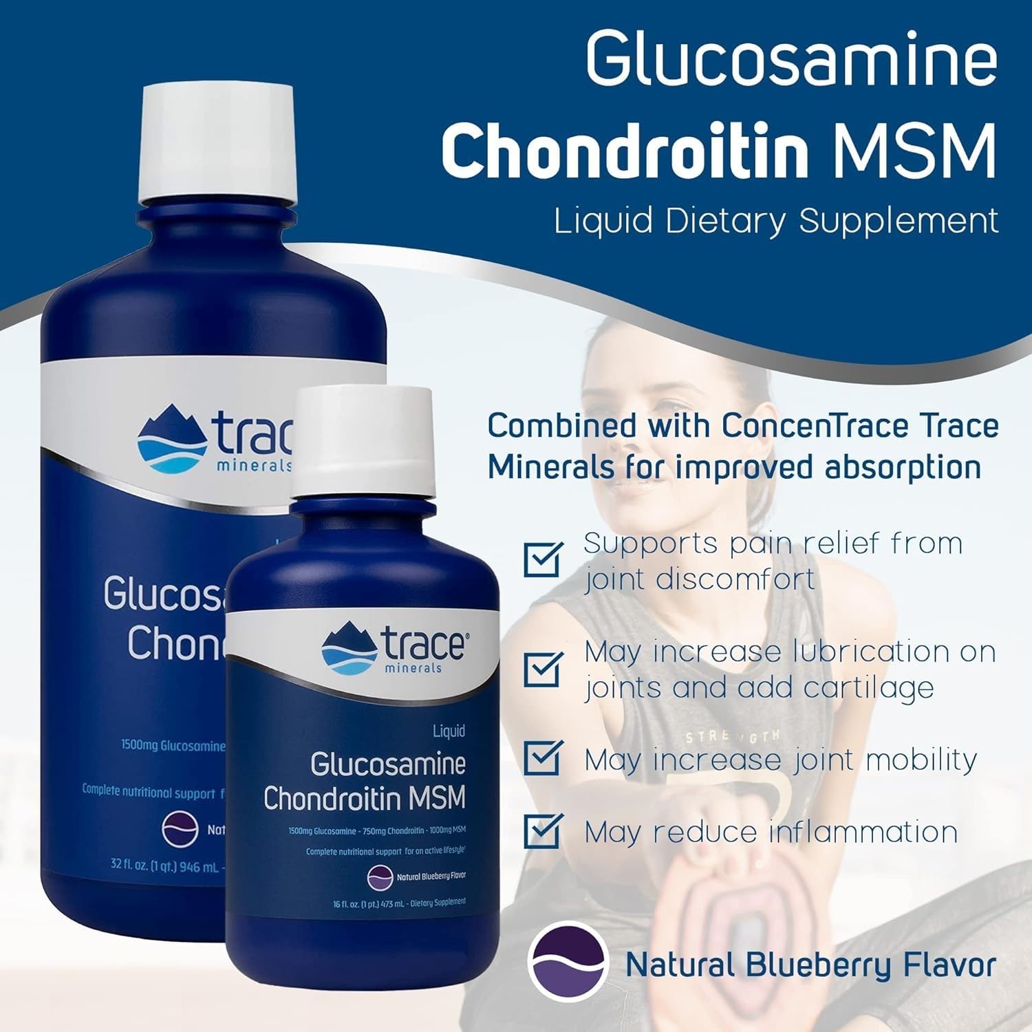 Liquid Glucosamine Chondroitin MSM Supplement with Trace Minerals for Bone & Joint Health - Mobility Support - Blueberry Flavor - 32 fl oz