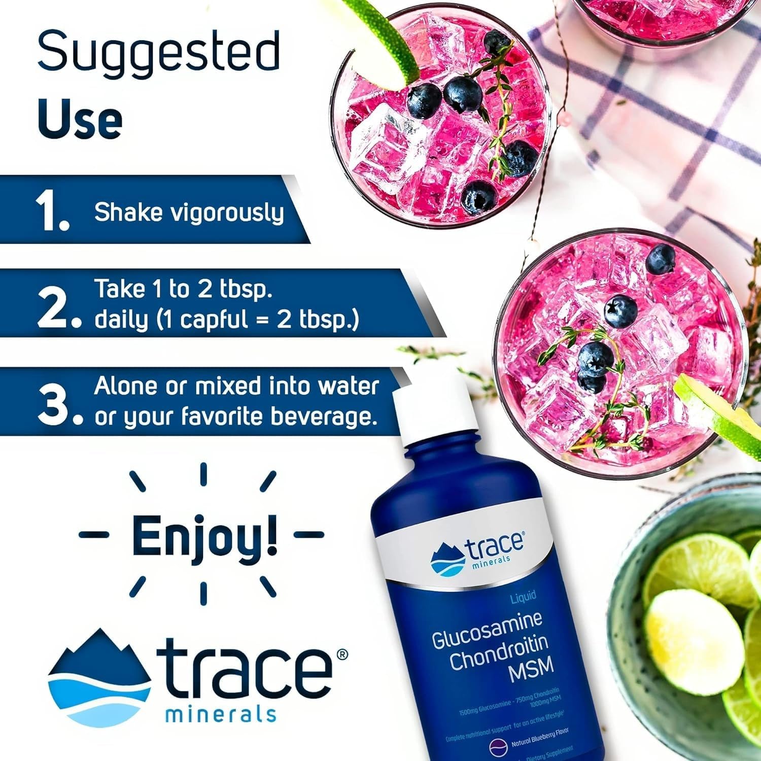 Liquid Glucosamine Chondroitin MSM Supplement with Trace Minerals for Bone & Joint Health - Mobility Support - Blueberry Flavor - 32 fl oz