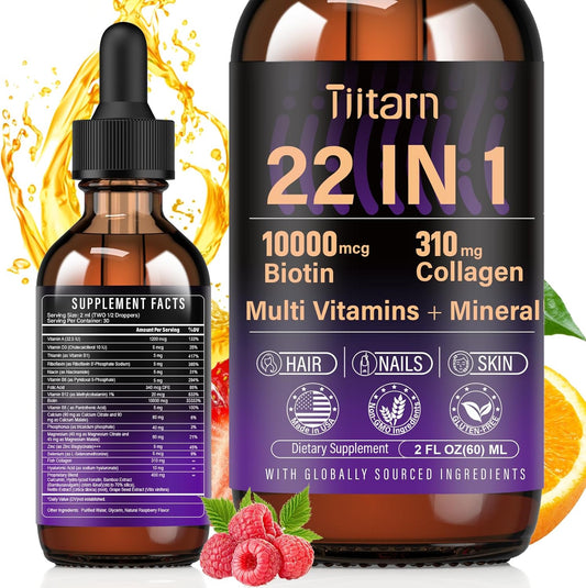 Liquid Hair Vitamins with Biotin, Collagen & Hyaluronic Acid - Hair Growth Support for Women and Men - Vitamin B Complex - Fast Absorption - Hair, Skin & Nails - Tiitarn
