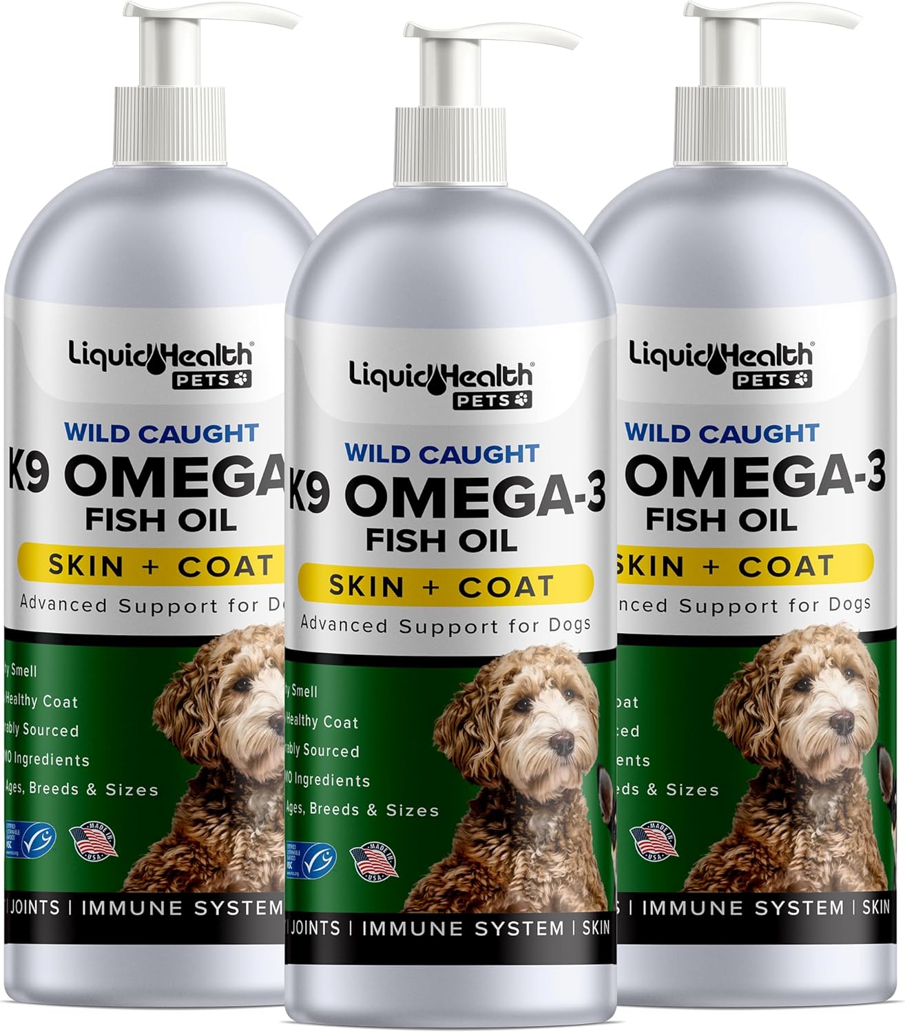 Liquid Health Pets K9 Omega 3 Fish Oil for Dogs - Dog Shedding Supplement with EPA, DPA, DHA - Supports Joint, Immunity, Brain, Heart Health - 3 Pack
