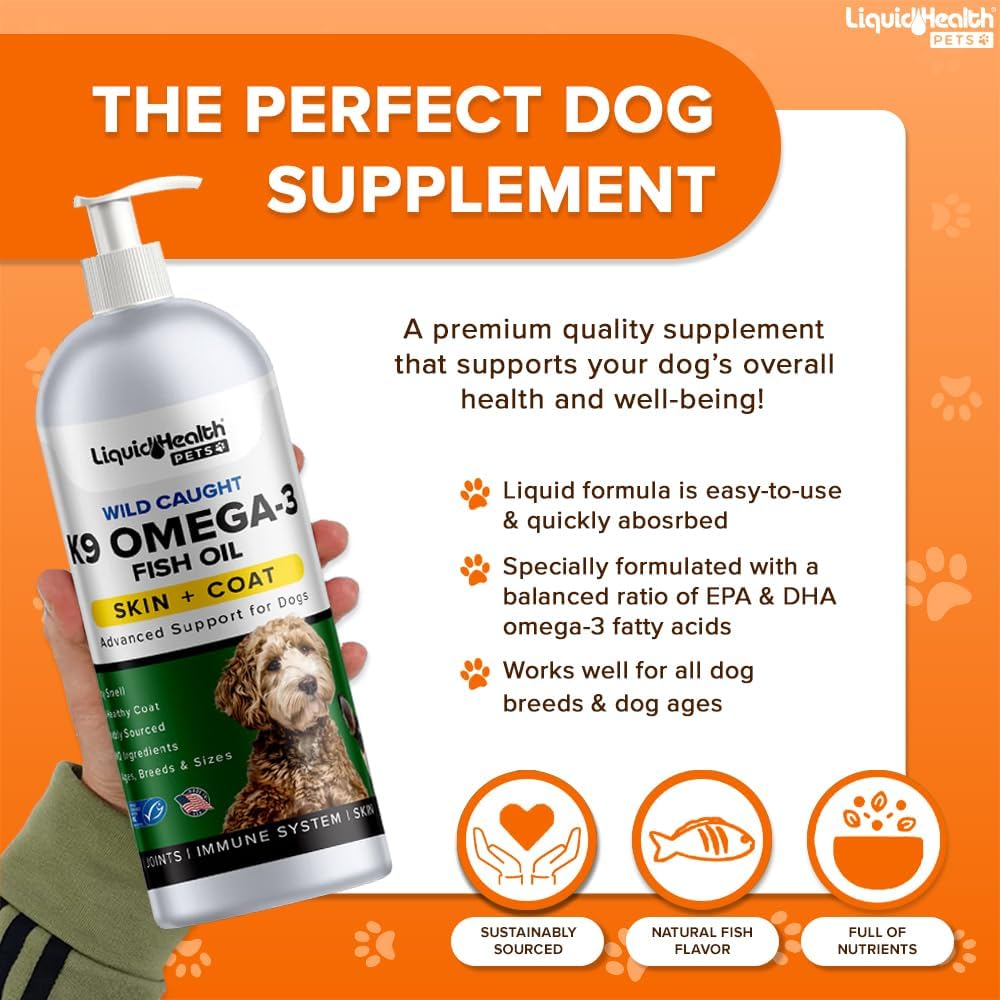 Liquid Health Pets K9 Omega 3 Fish Oil for Dogs - 16 Oz Liquid Supplement with EPA, DPA, DHA for Joint, Immunity, Brain & Heart Health, Reduces Itching and Shedding