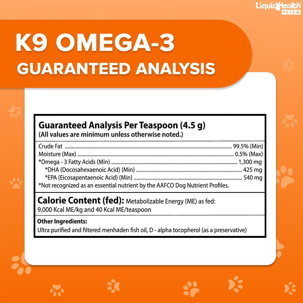 Liquid Health Pets K9 Omega 3 Fish Oil for Dogs - 16 Oz Liquid Supplement with EPA, DPA, DHA for Joint, Immunity, Brain & Heart Health, Reduces Itching and Shedding
