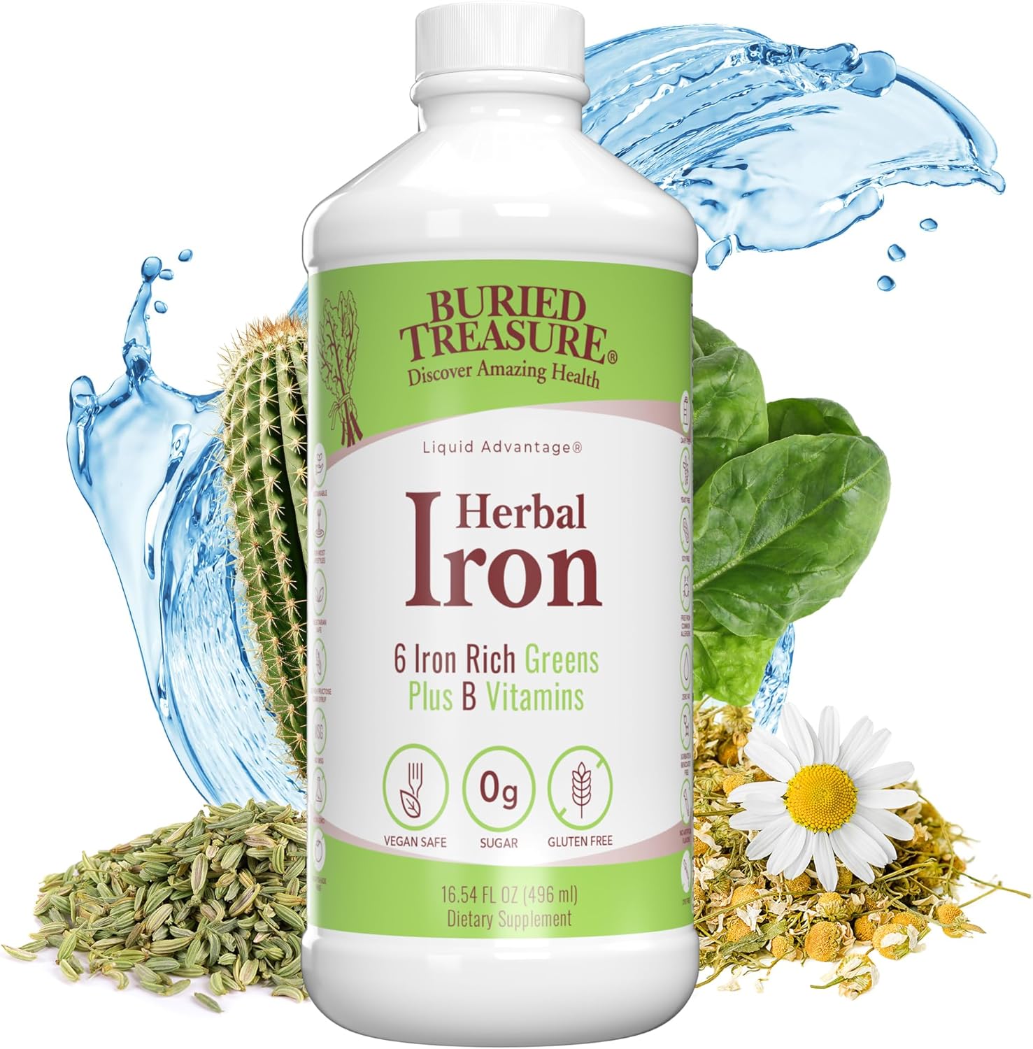 Liquid Herbal Iron Supplement with Vitamin C & B Complex - 48 Servings, Iron-rich Greens, Vegan Formula for Men and Women