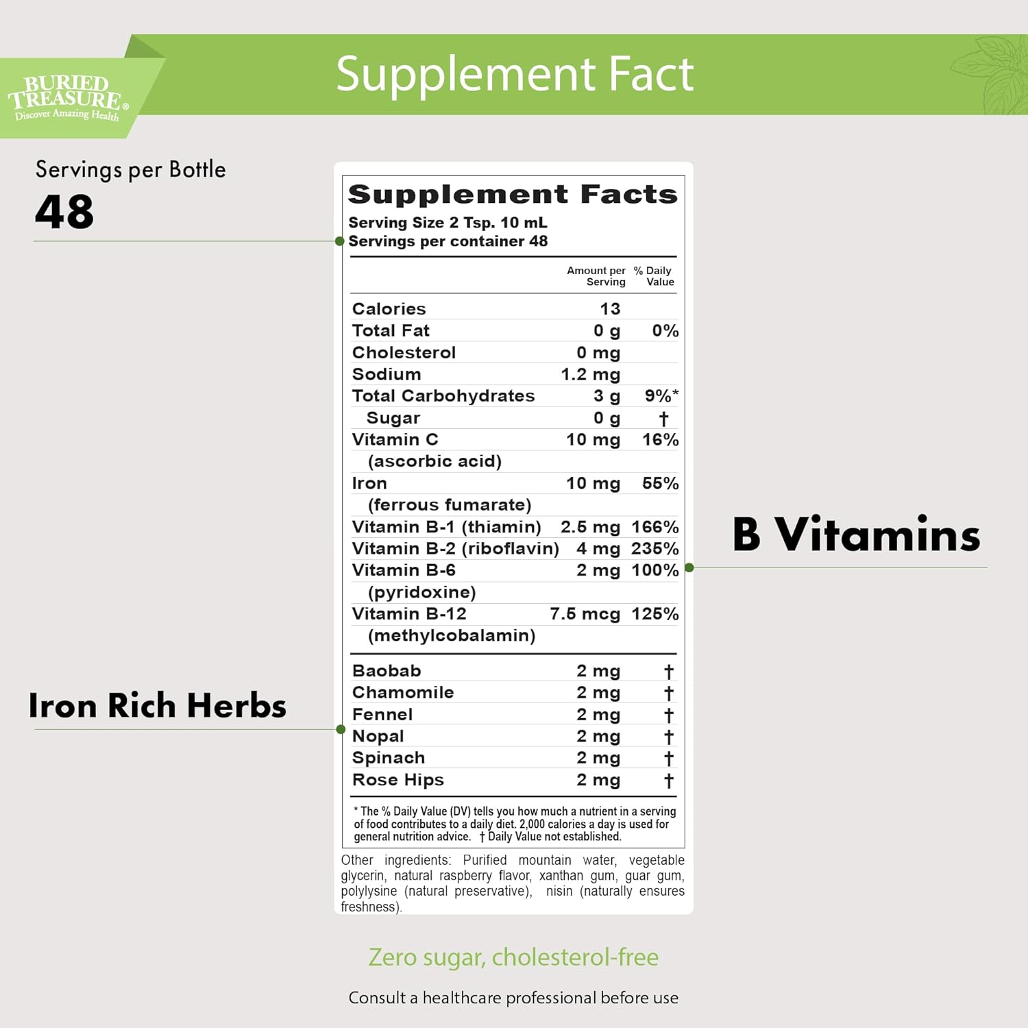 Liquid Herbal Iron Supplement with Vitamin C & B Complex - 48 Servings, Iron-rich Greens, Vegan Formula for Men and Women