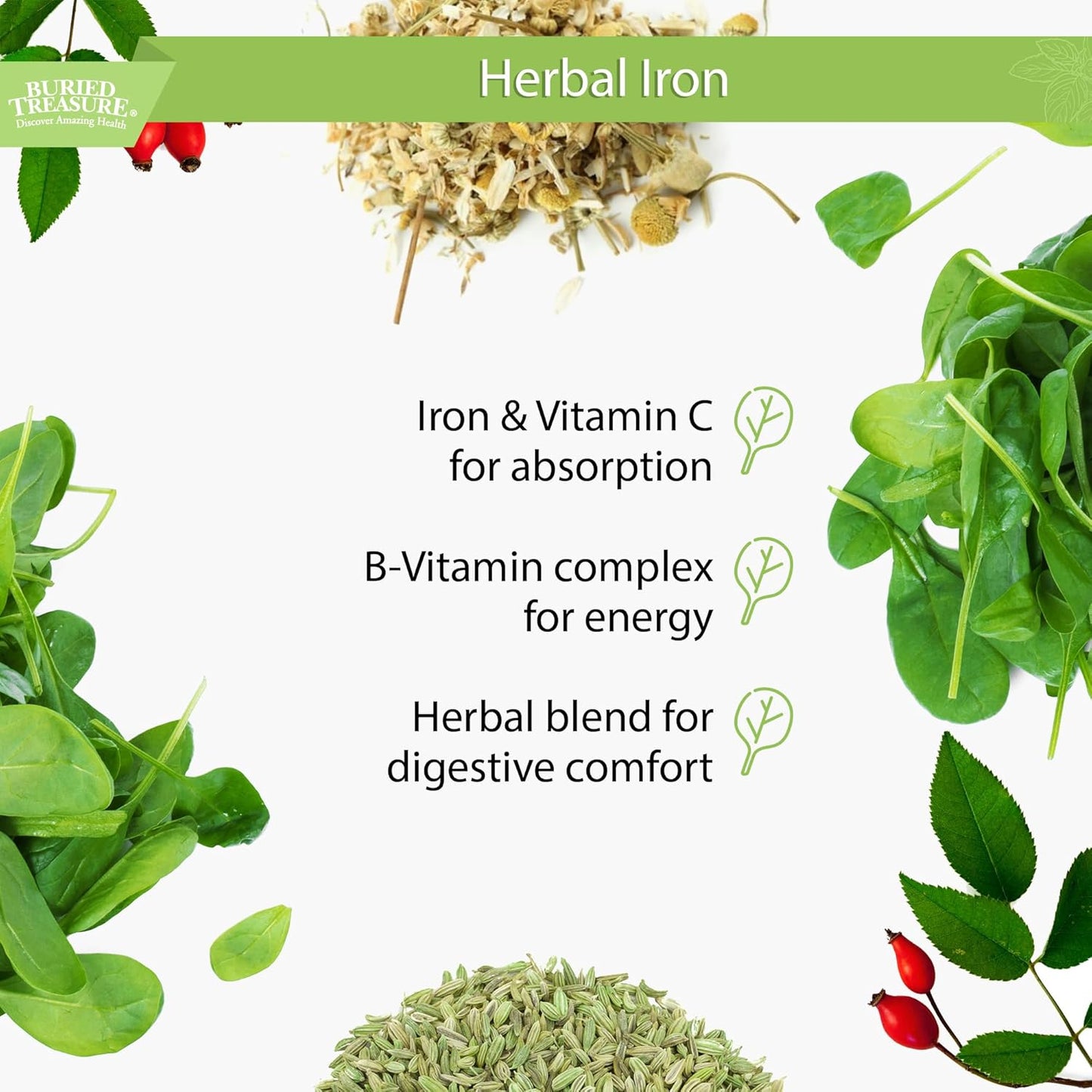 Liquid Herbal Iron Supplement with Vitamin C & B Complex - 48 Servings, Iron-rich Greens, Vegan Formula for Men and Women