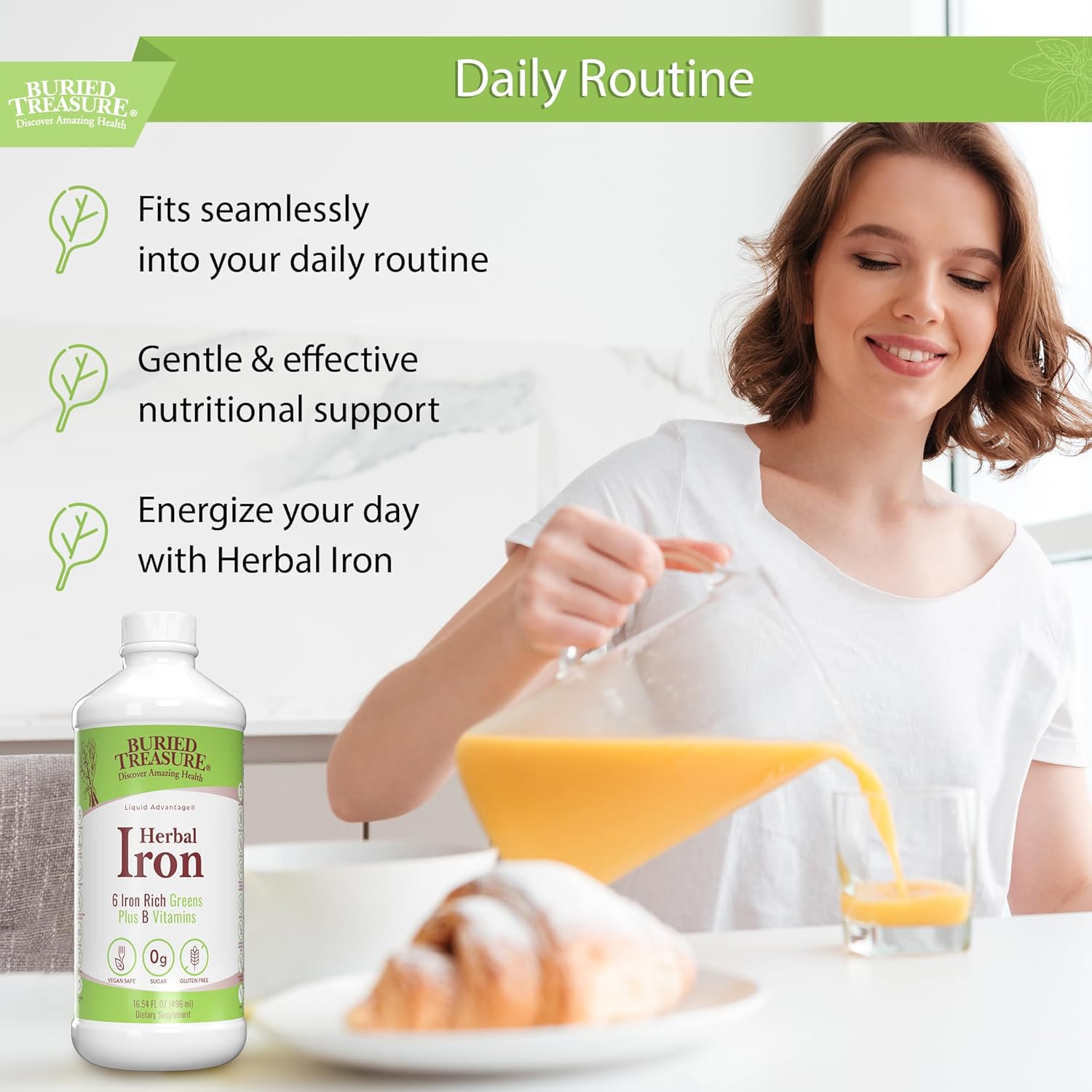 Liquid Herbal Iron Supplement with Vitamin C & B Complex - 48 Servings, Iron-rich Greens, Vegan Formula for Men and Women