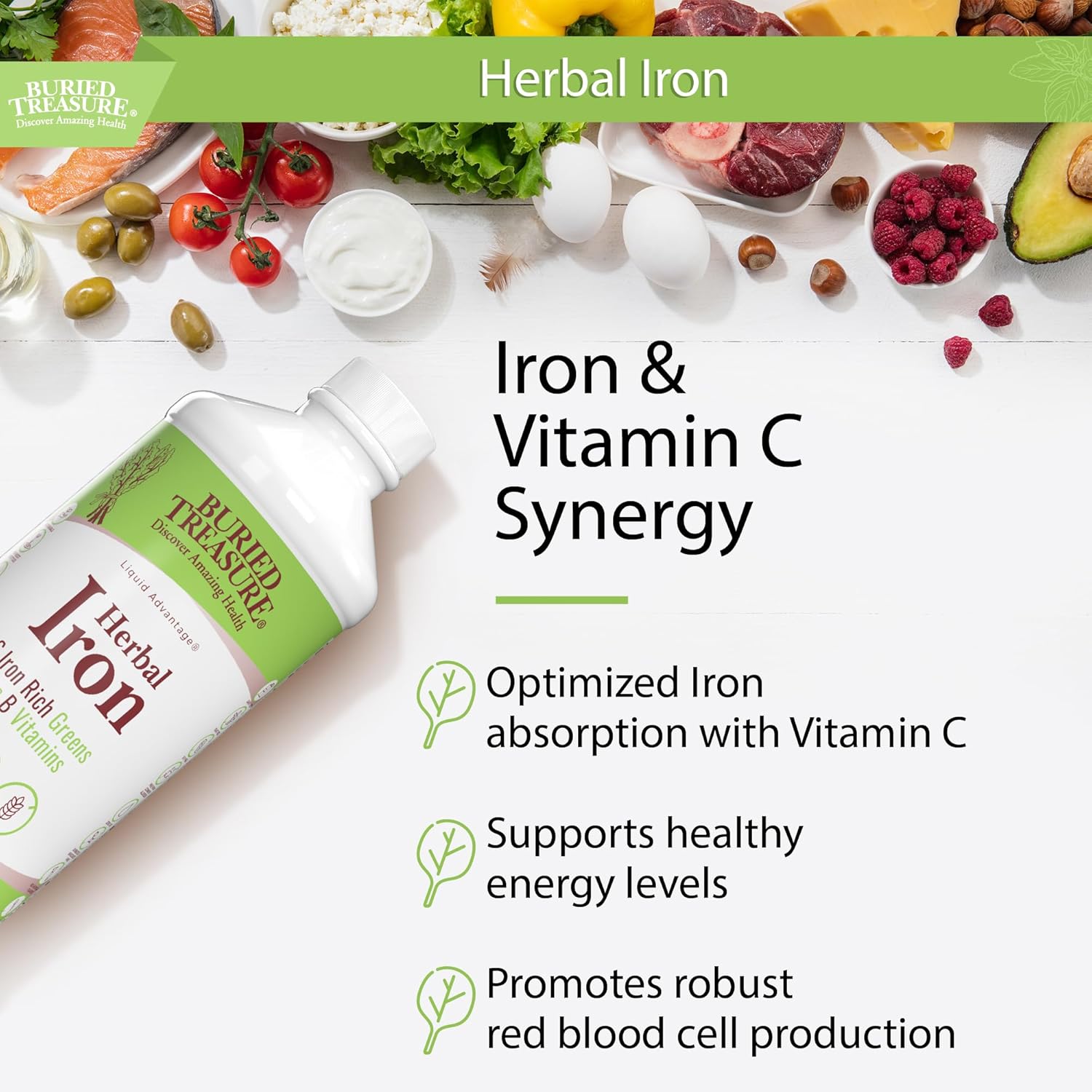 Liquid Herbal Iron Supplement with Vitamin C & B Complex - 48 Servings, Iron-rich Greens, Vegan Formula for Men and Women