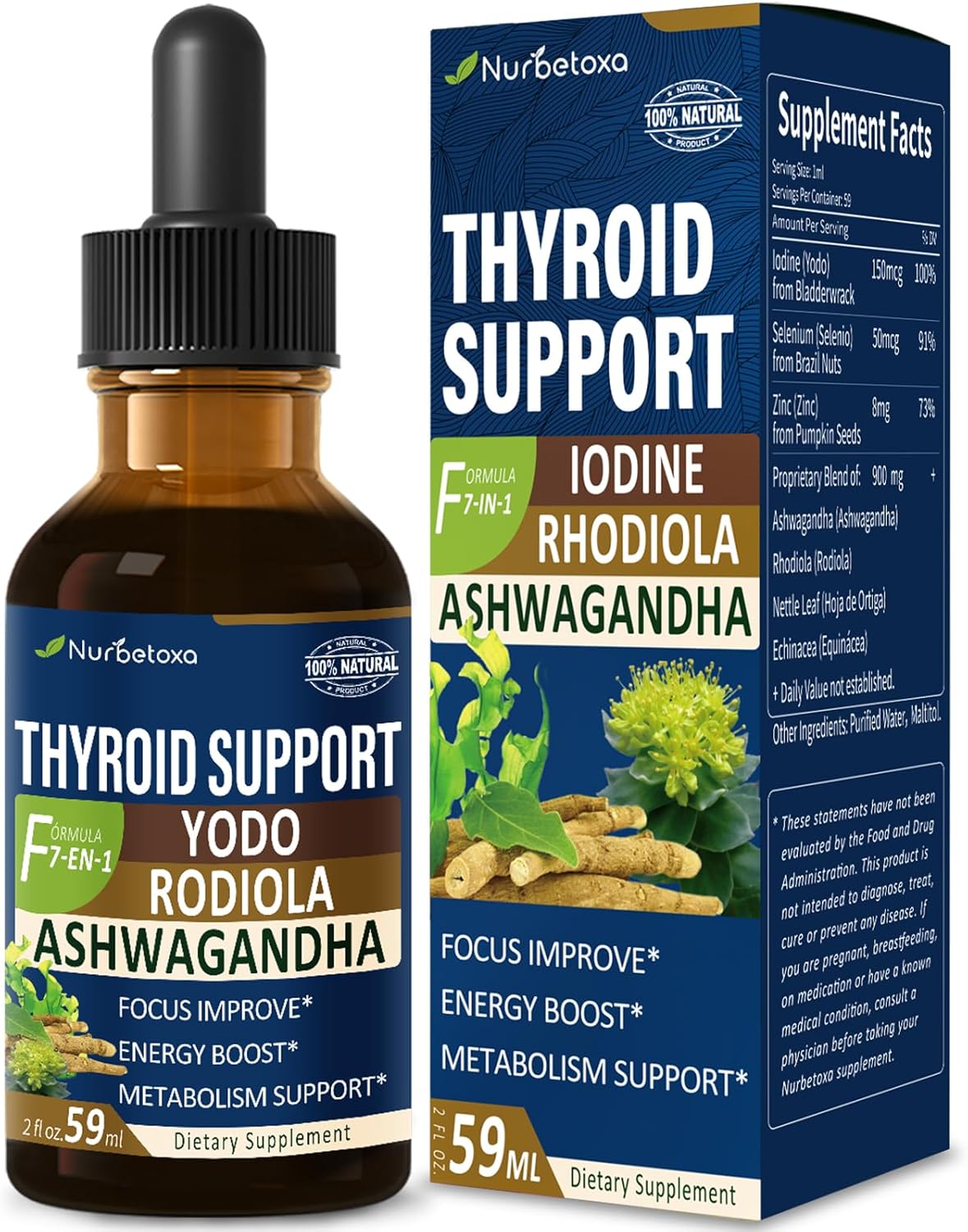 Liquid Iodine Supplement with Selenium for Thyroid Support - 2 oz Tincture with Ashwagandha & Rhodiola Extract - Nurbetoxa Thyroid Drops