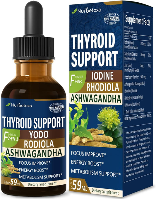 Liquid Iodine Supplement with Selenium for Thyroid Support - 2 oz Tincture with Ashwagandha & Rhodiola Extract - Nurbetoxa Thyroid Drops