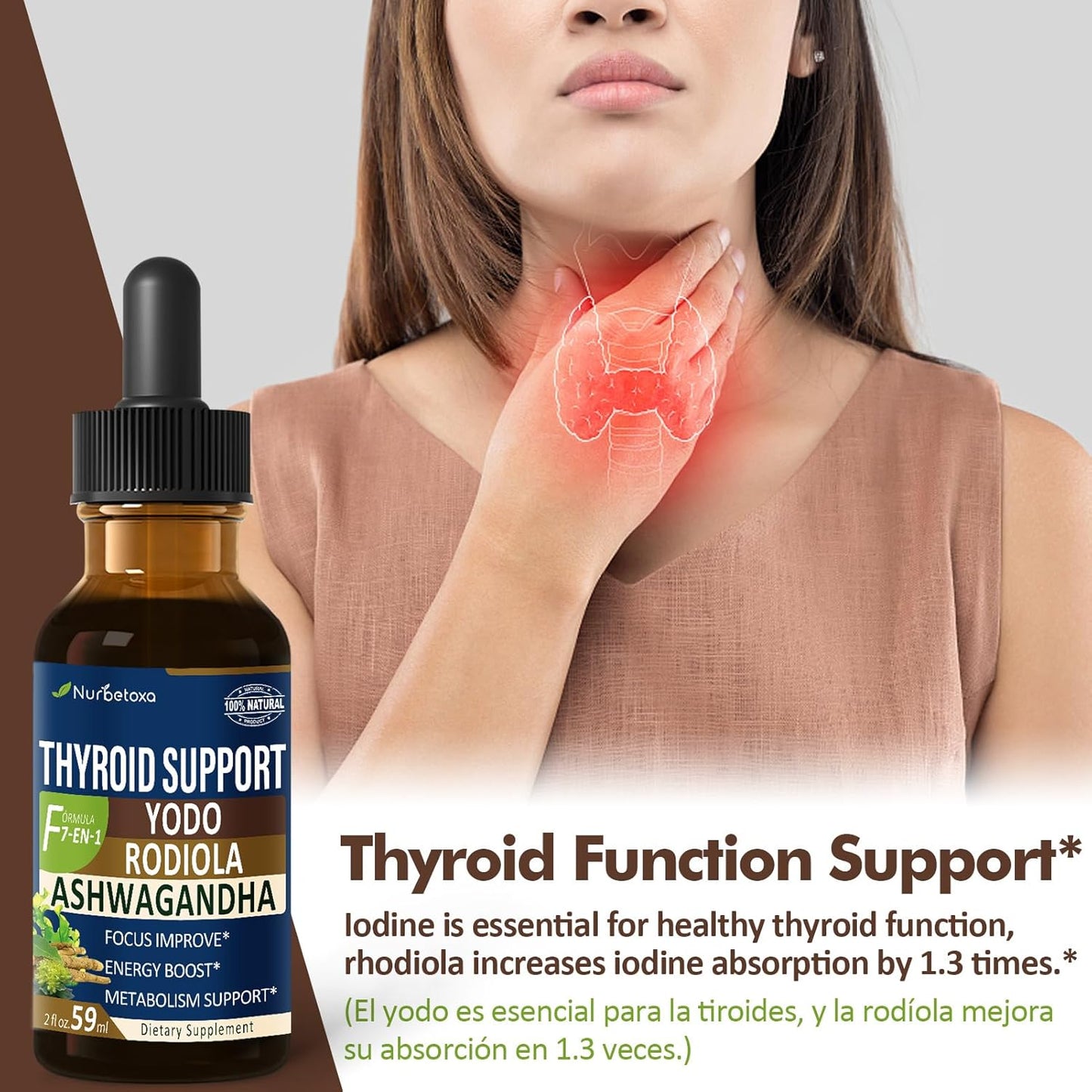 Liquid Iodine Supplement with Selenium for Thyroid Support - 2 oz Tincture with Ashwagandha & Rhodiola Extract - Nurbetoxa Thyroid Drops