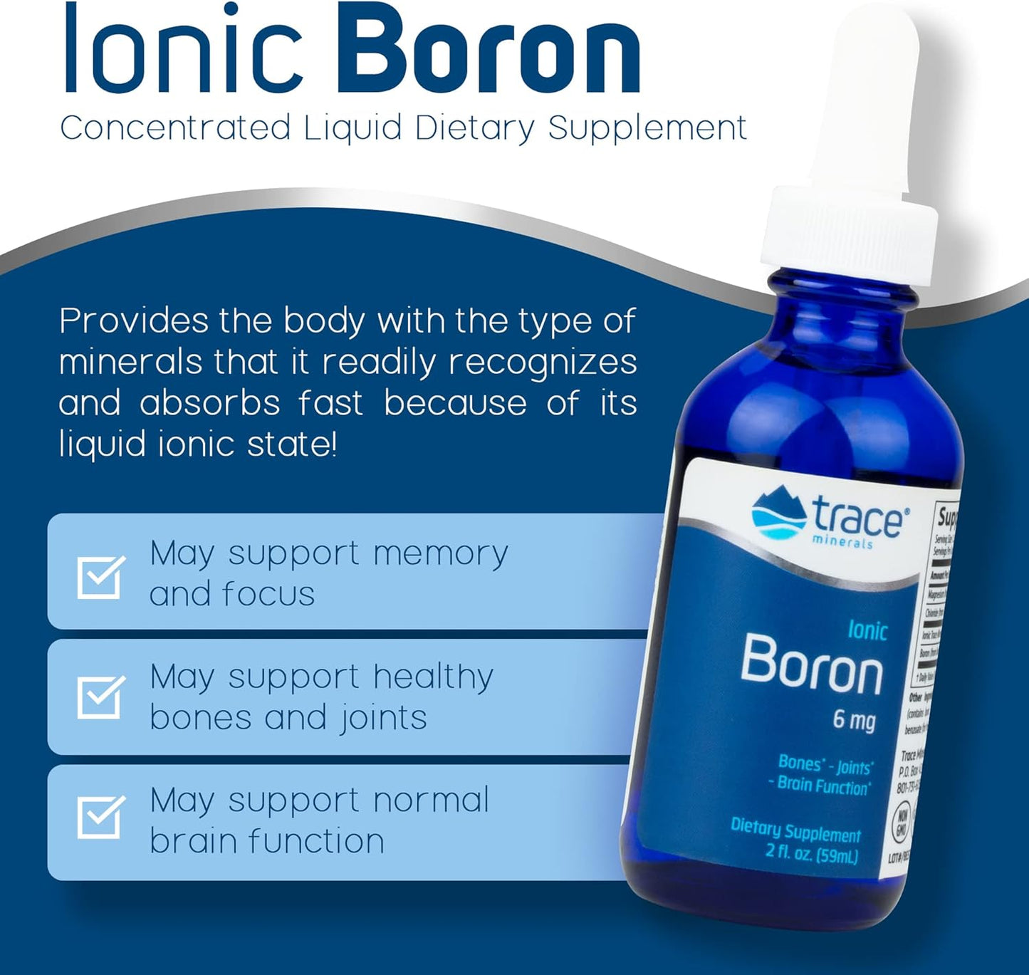 Liquid Ionic Boron Supplement | 6 mg Boron for Bone, Brain, & Joint Health | Includes Trace Minerals, Magnesium, & Chloride | 48 Servings, 2 fl oz