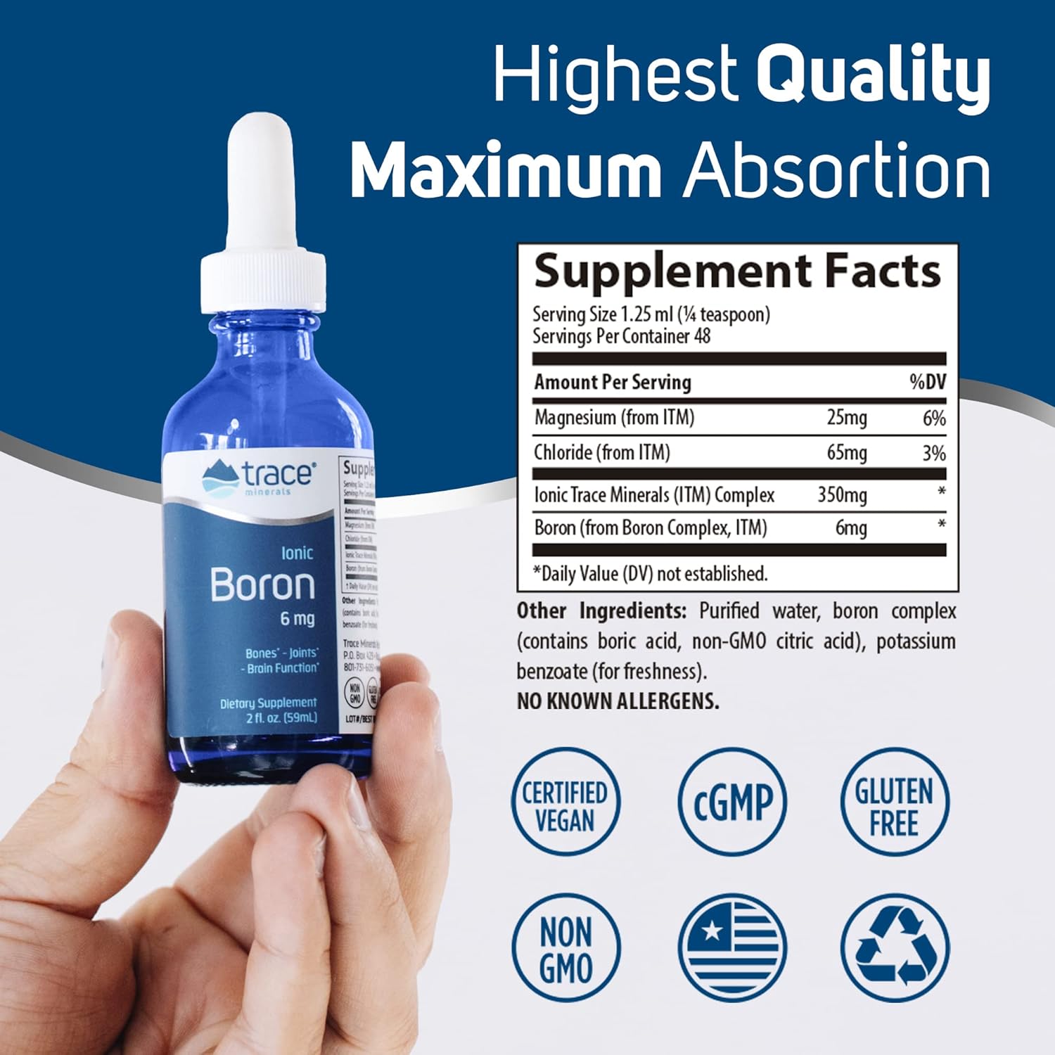 Liquid Ionic Boron Supplement | 6 mg Boron for Bone, Brain, & Joint Health | Includes Trace Minerals, Magnesium, & Chloride | 48 Servings, 2 fl oz