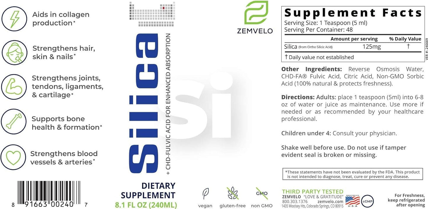 Liquid Ionic Silica Supplement for Hair, Skin, Nails & Joint Health - Collagen & Cartilage Support - 8 oz Bottle, 48 Day Supply