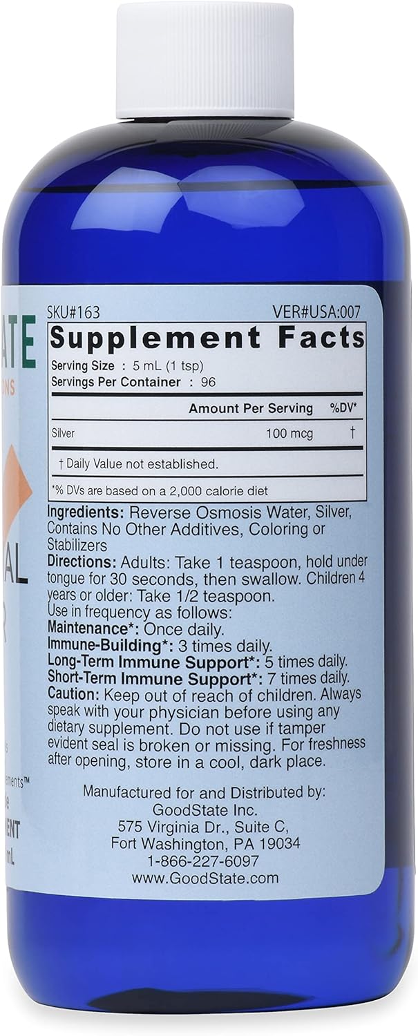 Liquid Ionic Silver Supplement - 100 mcg, 16 fl oz Bottle (96 Servings)