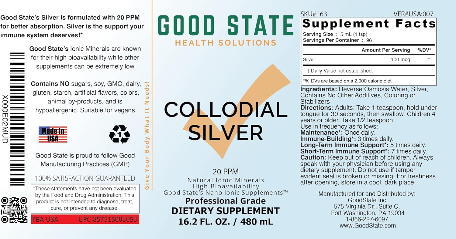 Liquid Ionic Silver Supplement - 100 mcg, 16 fl oz Bottle (96 Servings)