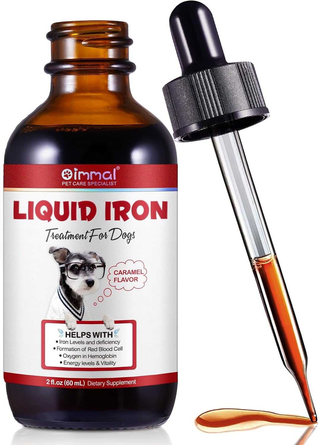Liquid Iron Drops for Dogs with Folate & Vitamin B12 - Promotes Blood Health, Anemia Relief, Energy Boost - Caramel Flavor - 60ml