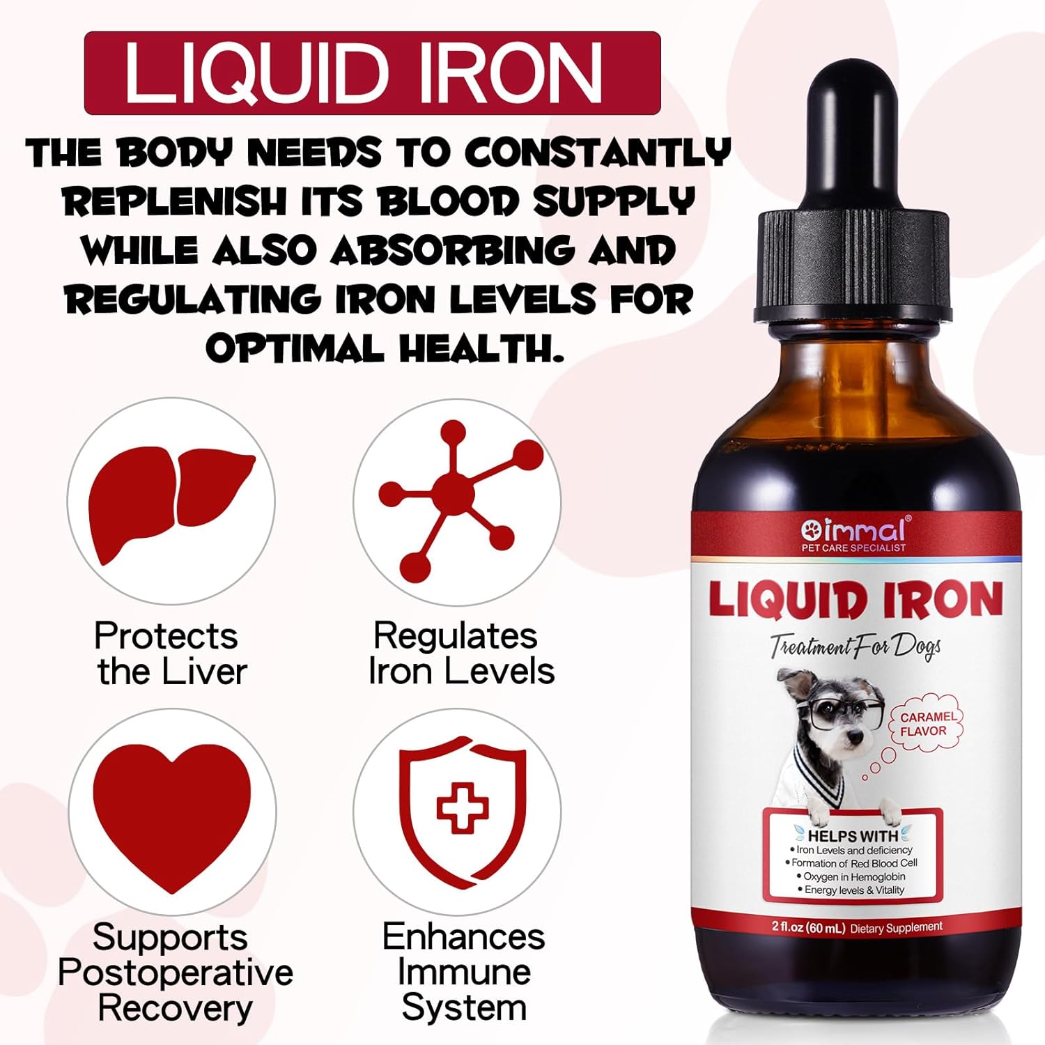 Liquid Iron Drops for Dogs with Folate & Vitamin B12 - Promotes Blood Health, Anemia Relief, Energy Boost - Caramel Flavor - 60ml