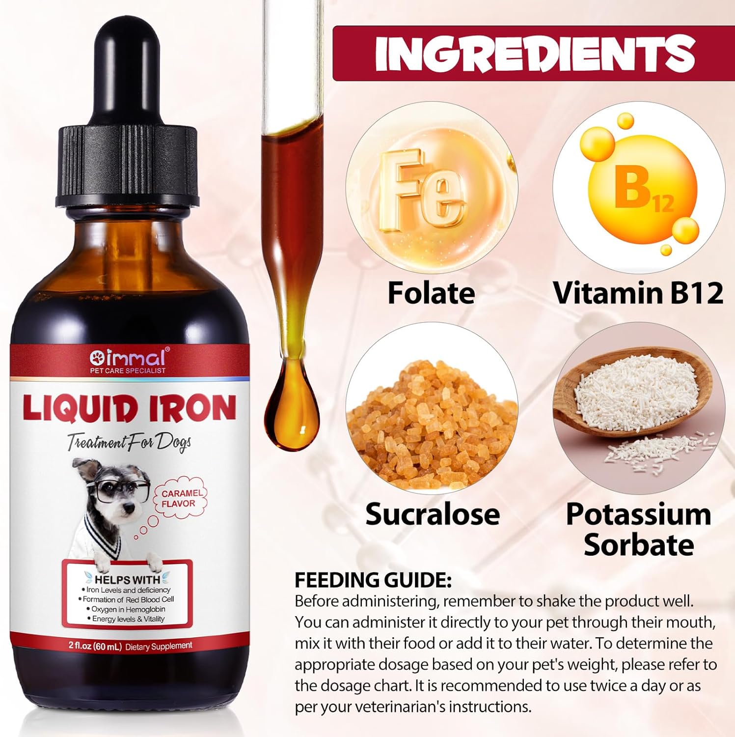 Liquid Iron Supplement for Dogs with Vitamin C and B12 - Supports Anemia, Energy Levels, and Blood Health, Red Blood Cell Formation