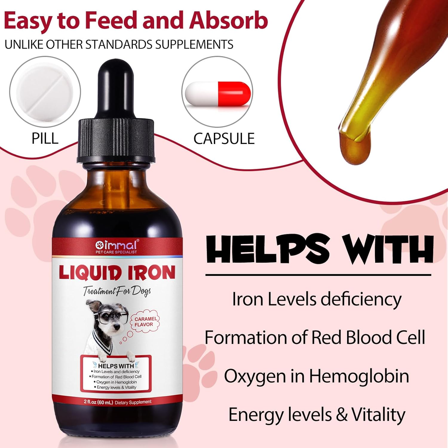 Liquid Iron Supplement for Dogs with Vitamin C and B12 - Supports Anemia, Energy Levels, and Blood Health, Red Blood Cell Formation