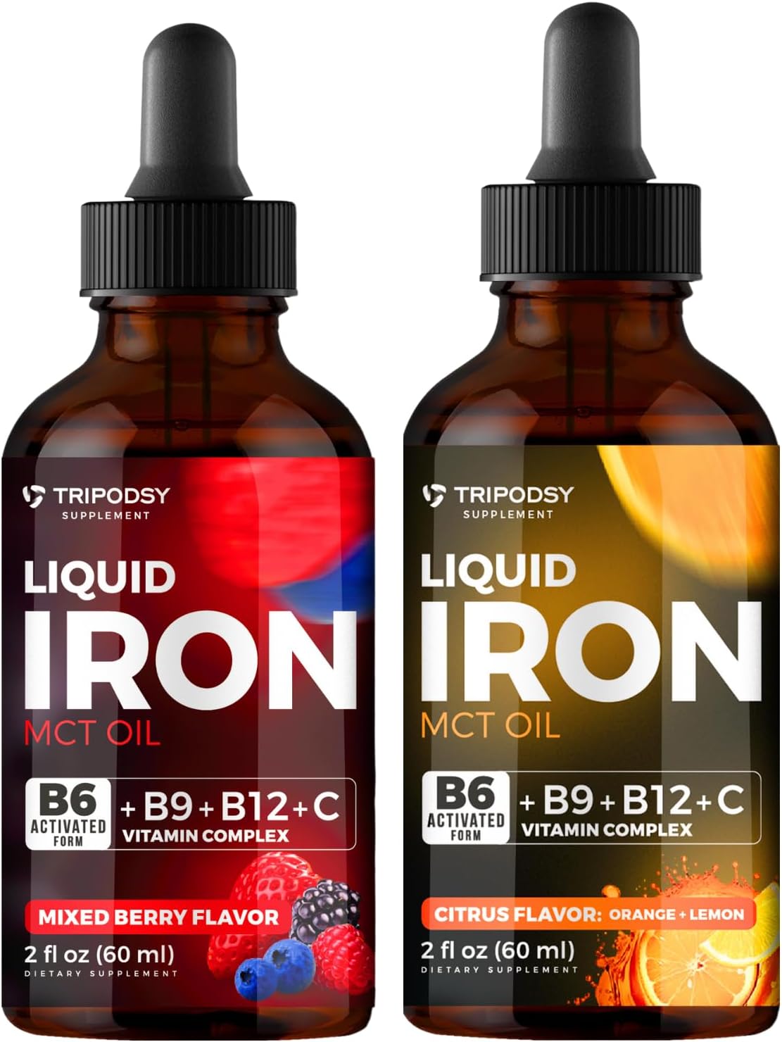 Liquid Iron Supplement with B6, B9, B12, Vitamin C - Anemia & Blood Builder for Women and Men - Immune Support with MCT Oil - Citrus & Berry Flavor