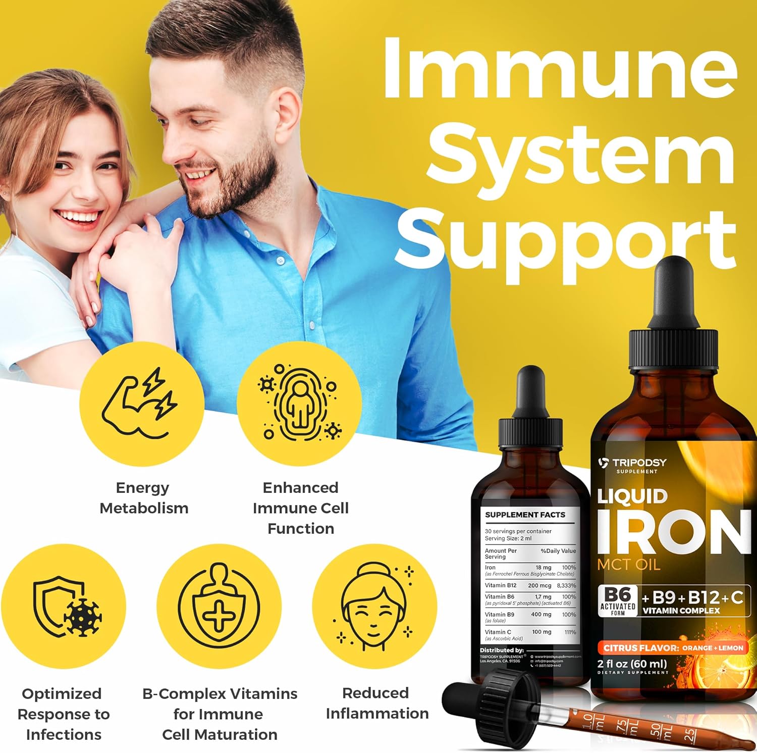 Liquid Iron Supplement with B6, B9, B12, Vitamin C - Anemia & Blood Builder for Women and Men - Immune Support with MCT Oil - Citrus & Berry Flavor