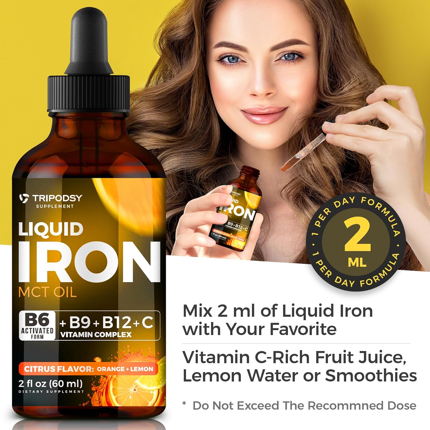 Liquid Iron Supplement with B6, B9, B12, Vitamin C - Anemia & Blood Builder for Women and Men - Immune Support with MCT Oil - Citrus & Berry Flavor