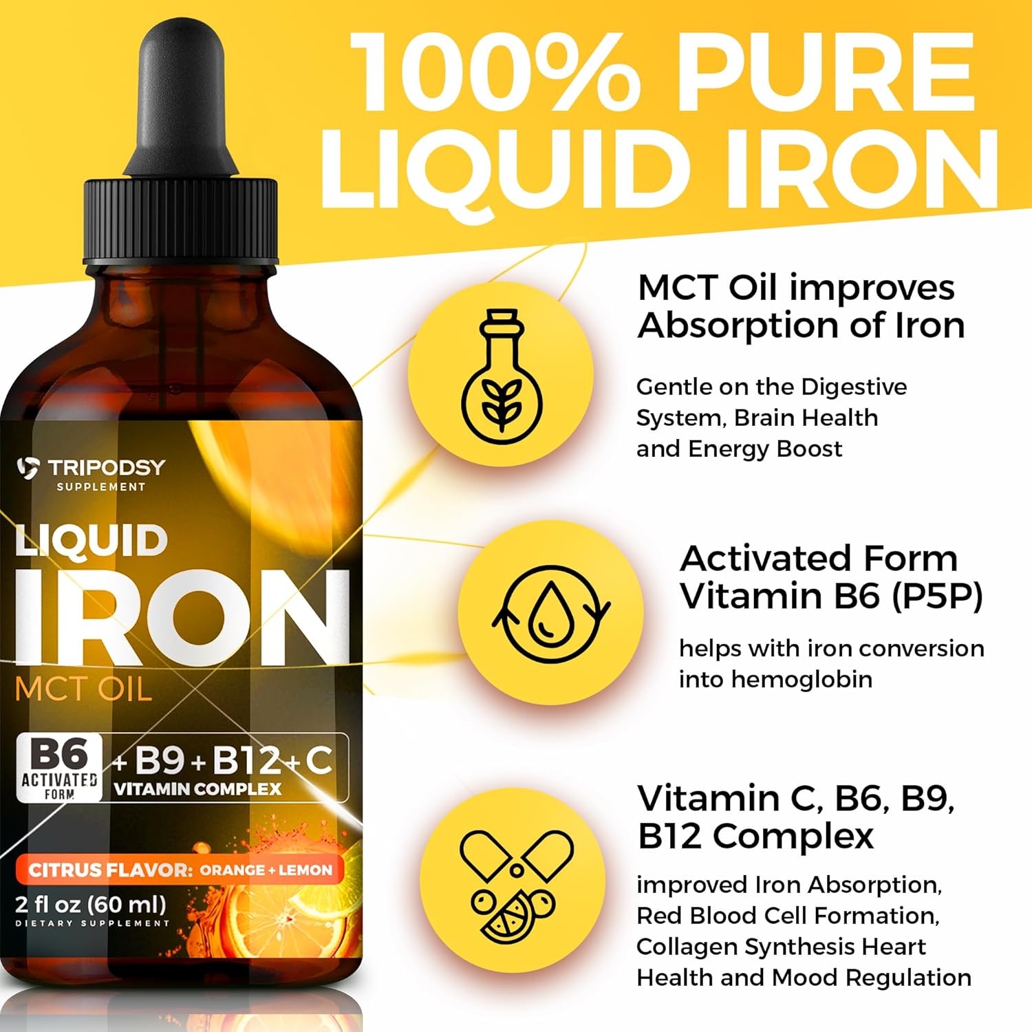 Liquid Iron Supplement with B6, B9, B12, Vitamin C - Anemia & Blood Builder for Women and Men - Immune Support with MCT Oil - Citrus & Berry Flavor