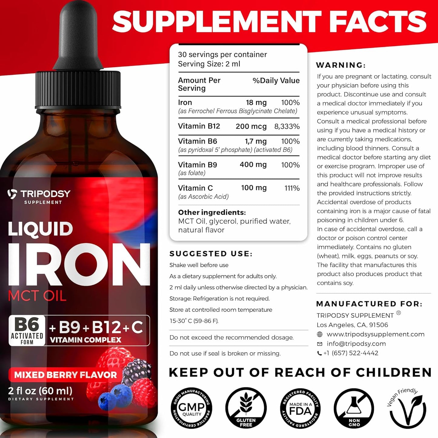 Liquid Iron Supplement with B6, B9, B12, Vitamin C - Anemia & Blood Builder for Women and Men - Immune Support with MCT Oil - Citrus & Berry Flavor