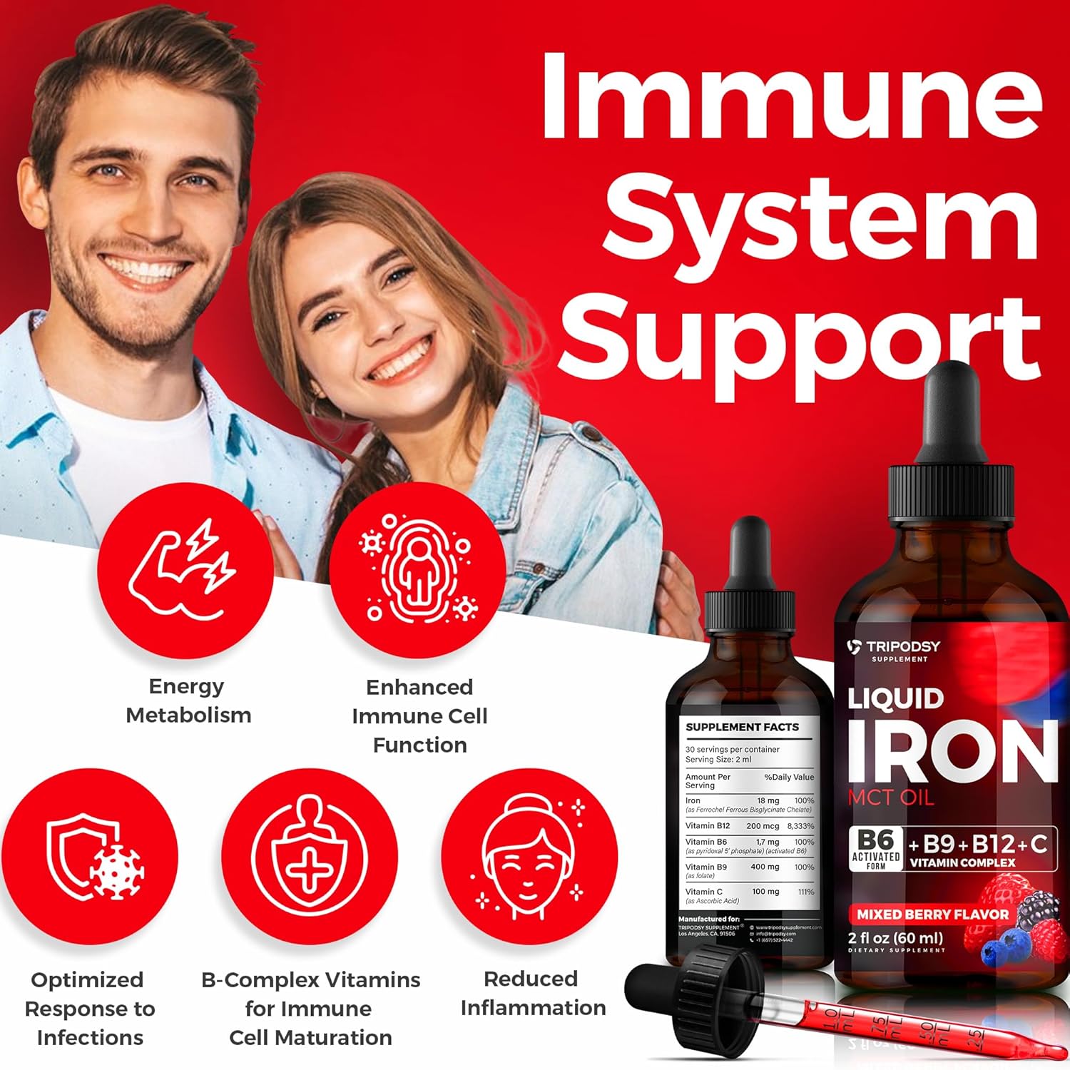 Liquid Iron Supplement with B6, B9, B12, Vitamin C - Anemia & Blood Builder for Women and Men - Immune Support with MCT Oil - Citrus & Berry Flavor