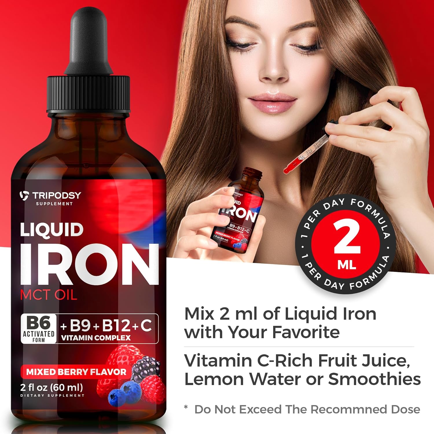 Liquid Iron Supplement with B6, B9, B12, Vitamin C - Anemia & Blood Builder for Women and Men - Immune Support with MCT Oil - Citrus & Berry Flavor