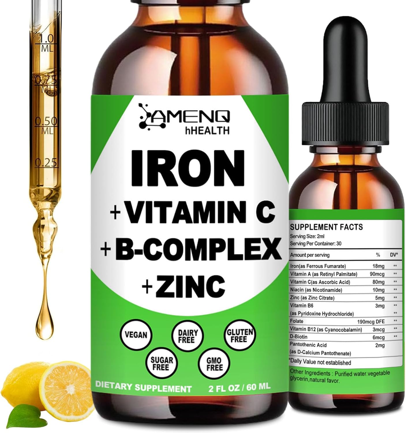 Liquid Iron Supplement with Vitamin C, B12, and B-Complex for Anemia and Fatigue - Vegan Iron Drops for Women, Men, and Kids - High Potency Blood Builder Iron Formula