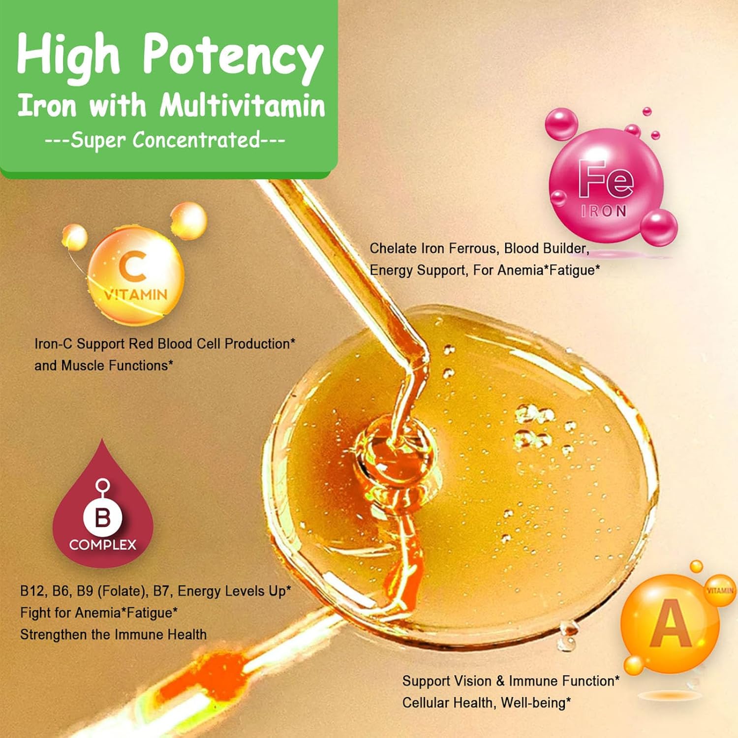 Liquid Iron Supplement with Vitamin C, B12, and B-Complex for Anemia and Fatigue - Vegan Iron Drops for Women, Men, and Kids - High Potency Blood Builder Iron Formula