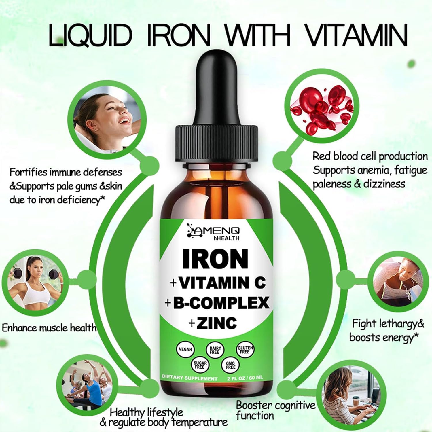 Liquid Iron Supplement with Vitamin C, B12, and B-Complex for Anemia and Fatigue - Vegan Iron Drops for Women, Men, and Kids - High Potency Blood Builder Iron Formula
