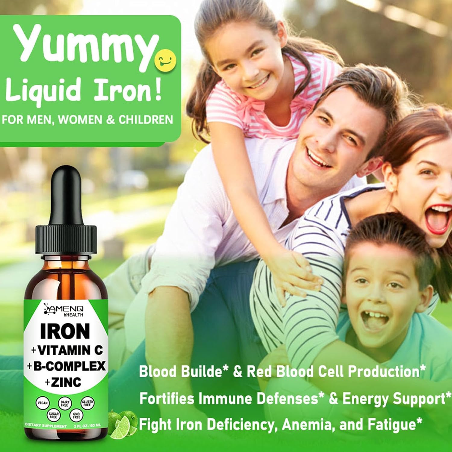 Liquid Iron Supplement with Vitamin C, B12, and B-Complex for Anemia and Fatigue - Vegan Iron Drops for Women, Men, and Kids - High Potency Blood Builder Iron Formula