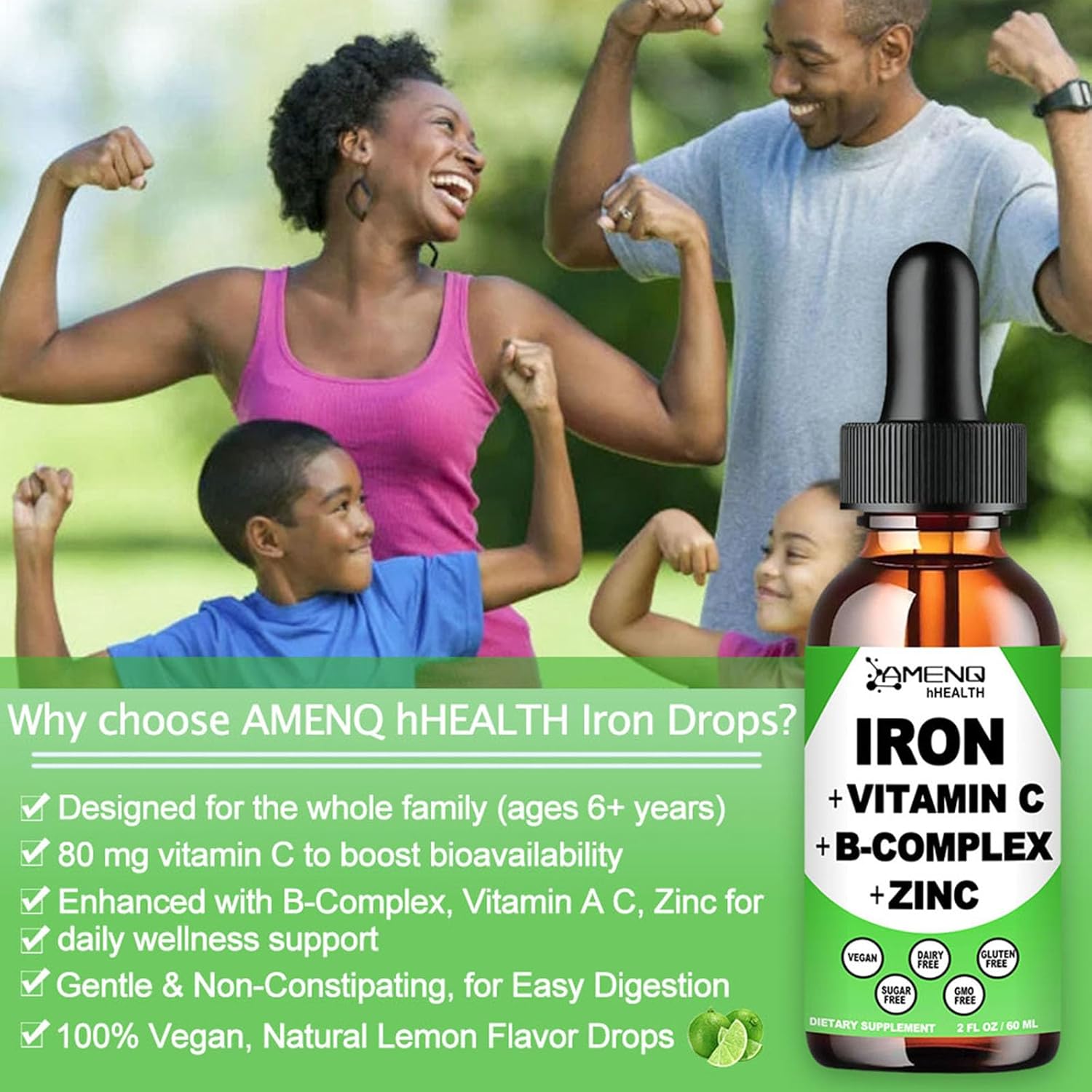 Liquid Iron Supplement with Vitamin C, B12, and B-Complex for Anemia and Fatigue - Vegan Iron Drops for Women, Men, and Kids - High Potency Blood Builder Iron Formula