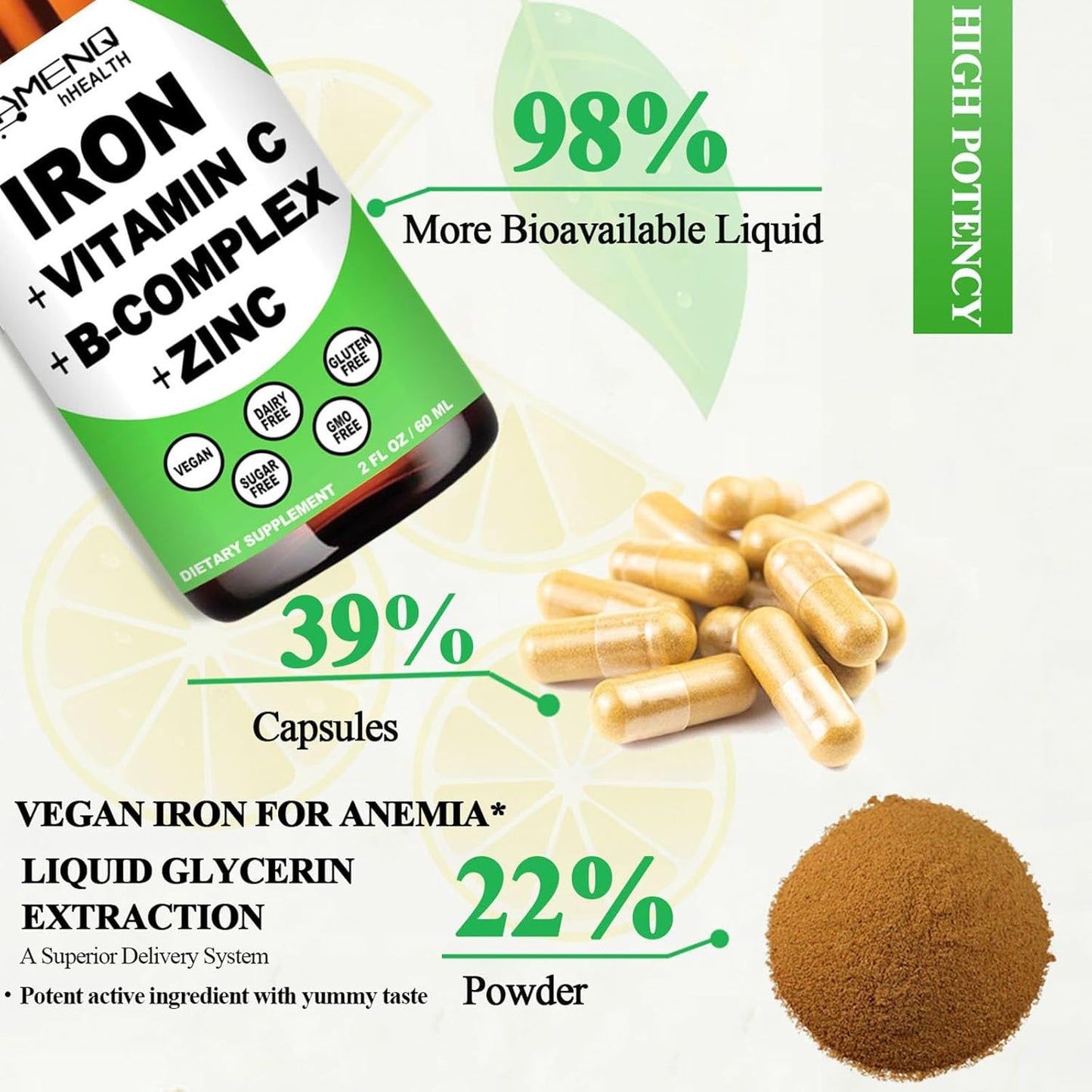 Liquid Iron Supplement with Vitamin C, B12, and B-Complex for Anemia and Fatigue - Vegan Iron Drops for Women, Men, and Kids - High Potency Blood Builder Iron Formula