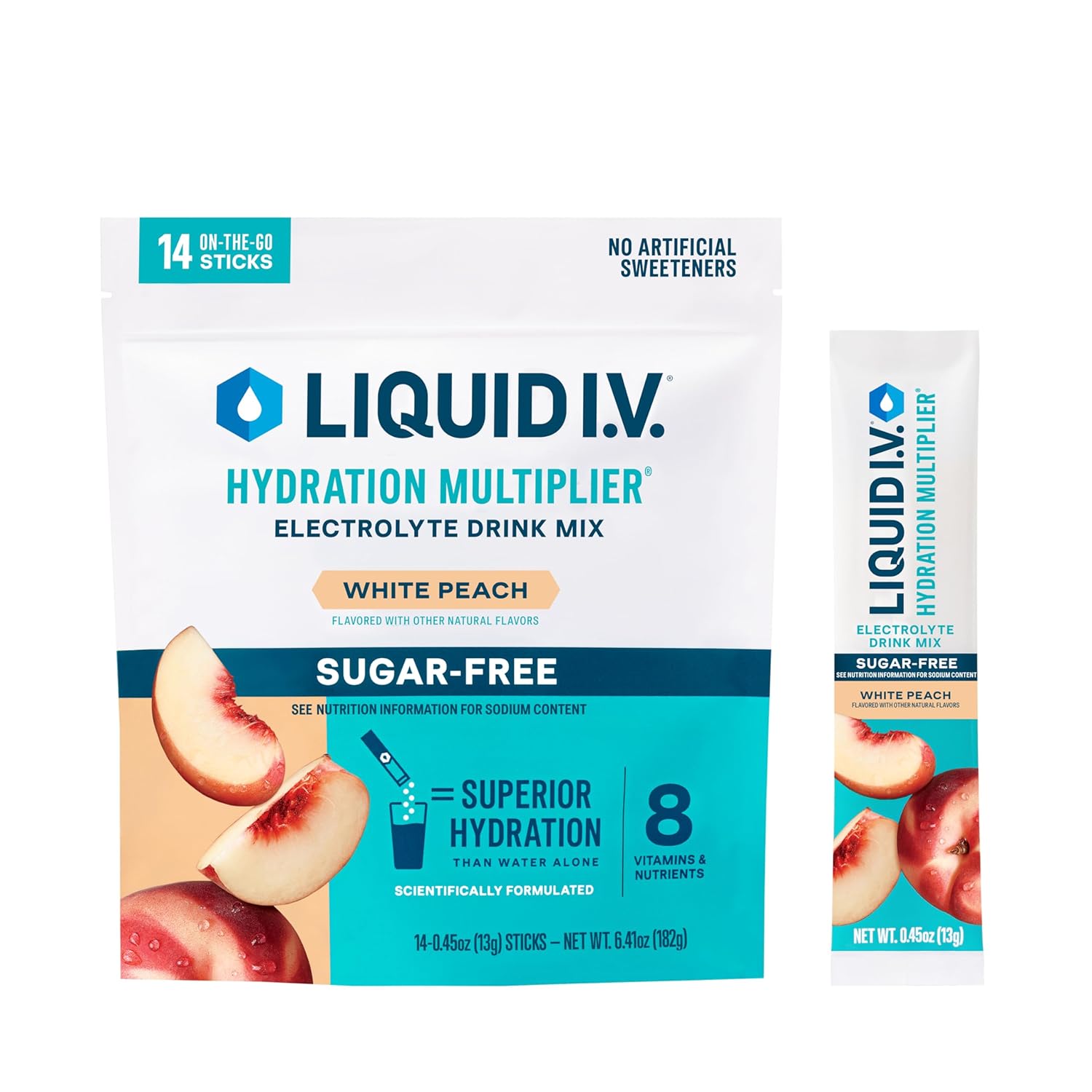 Liquid I.V.® Electrolyte Powder Drink Mix - White Peach Flavor, Sugar-Free | Hydration Multiplier | 1 Pack (14 Servings)