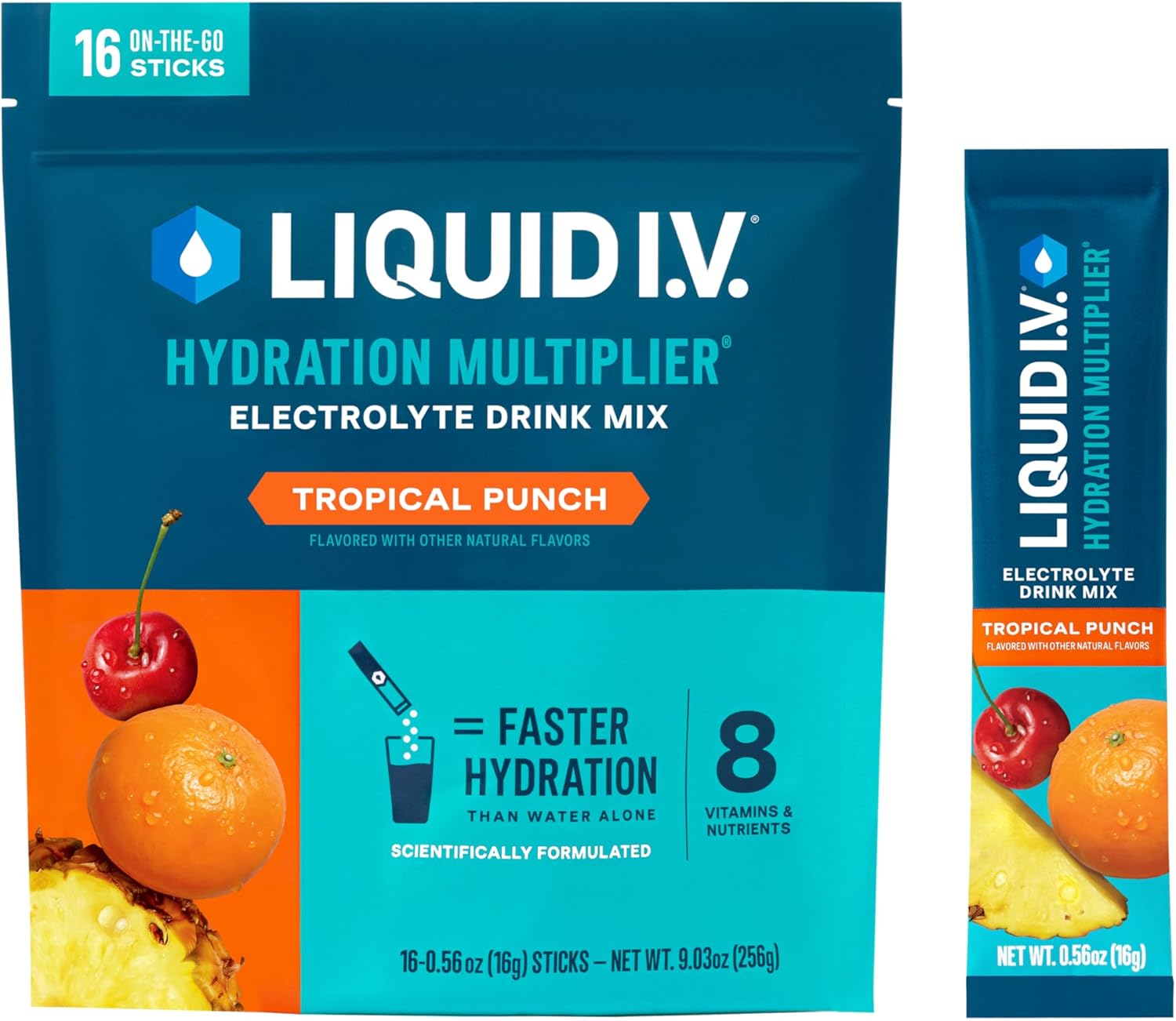 Liquid I.V.® Hydration Multiplier® - Tropical Punch Electrolyte Drink Mix - Single-Serving Powder Packets, Non-GMO - 16 Servings (12 Pack)