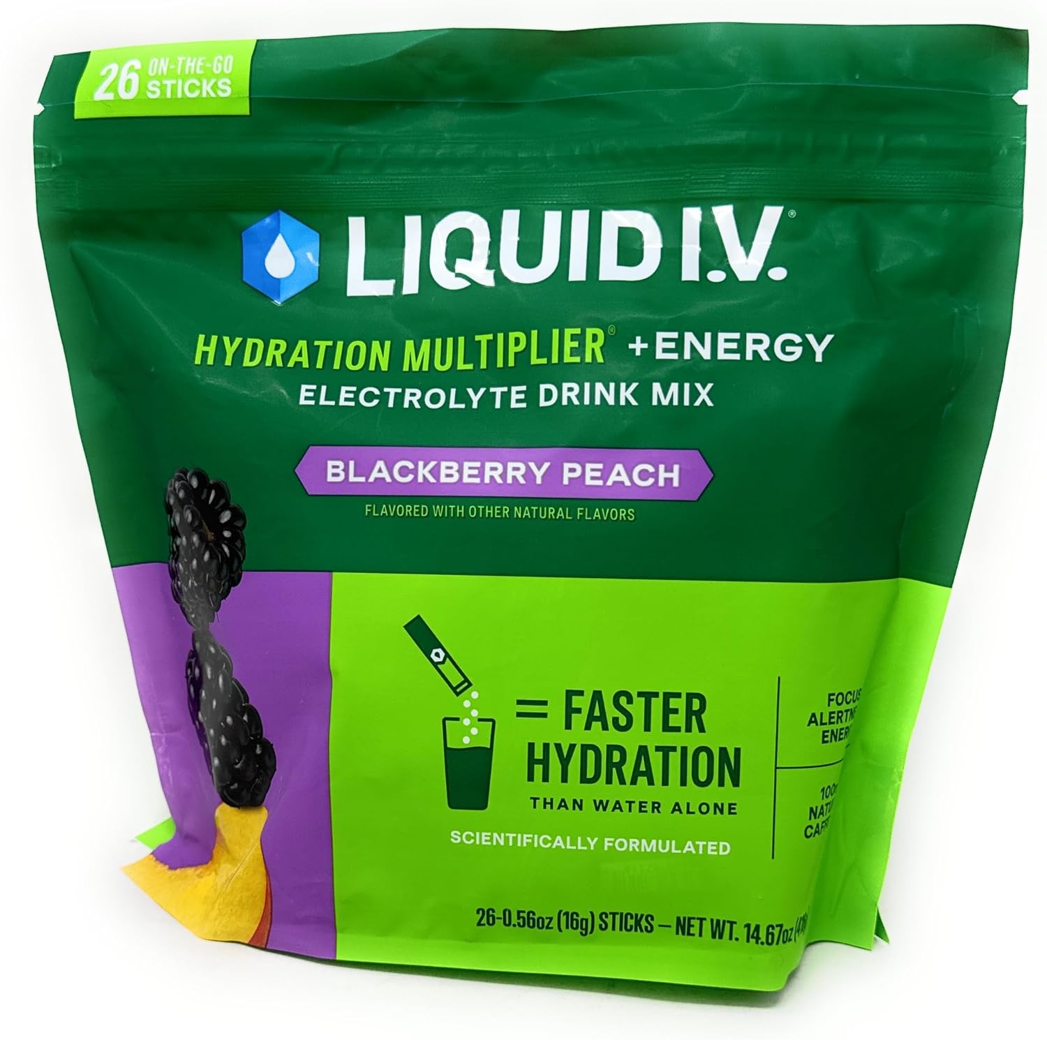 Liquid I.V. Hydration Multiplier + Energy Drink Mix, BlackBerry Peach - 26 Pack for Lasting Hydration and Energy Boost