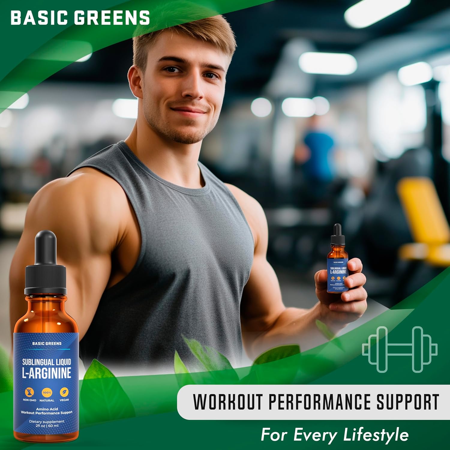 Liquid L-Arginine Supplement for Men and Women - Nitric Oxide Booster with L-Arginine - Essential Greens Formula
